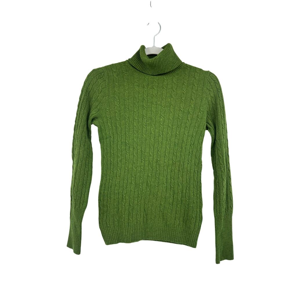 J.Crew Womens S Turtle Neck Sweater Green Cable Knit Wool Cashmere Blend 70s